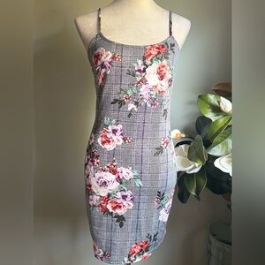 Large‎ Floral Checkered Mini Dress pink black stretchy body con y2k Whimsigoth
